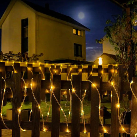Long 33 Feet Solar Rope Lights With 100 LEDs, Copper Fairy String Tube Lights, IP65 Weatherproof For Outdoor Night Decor