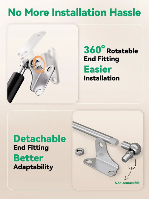 Heavy Duty Gas Struts For Trunk Hatches And Heavy Doors With Easy Mount Brackets Two Pack showing 360° rotatable fittings.