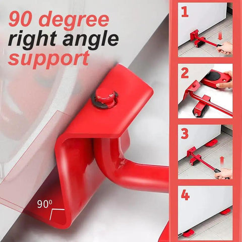 Heavy Duty Furniture Lift Mover Tool Set With Adjustable Height Lever And Four Wheel Dolly Sliders For Moving Heavy Furniture And Appliances, Durable Steel Construction, Red Finish, Back Saver, One Set showing right angle support