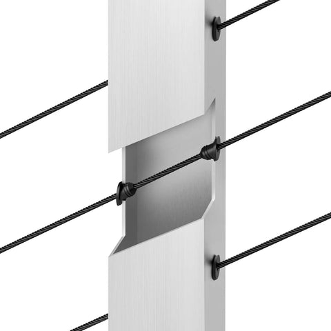 100 Pack Top Shelf Beveled Cable Railing Grommets 30 Degree Rubber Protector Sleeves for Metal and Wooden Posts attached to steel cable.