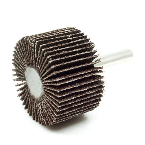 Aluminum Oxide One And One Half Inch Flap Wheel One Inch Wide With One Quarter Inch Shank Mounted Sander For Deburring Sanding Grinding Paint Removal Polishing On Drill And Grinder Ten Pack Forty Grit, side view