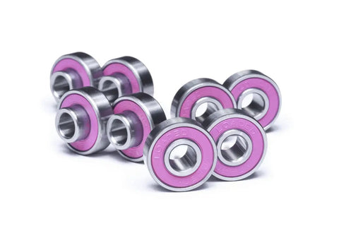 Set of high speed longboard bearings for performance riding, chromium steel, rubberized shields for smooth rolling, inner step ring.