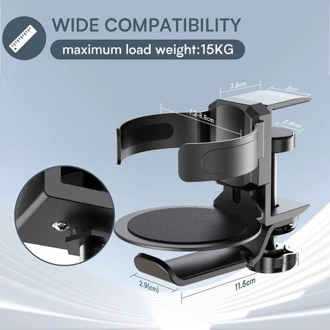 2 In 1 Desk Cup Holder And Headphone Hook, 360 Degree Rotating Aluminum Alloy Bracket, shown with dimensions and weight capacity