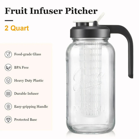 Fruit Infuser Glass Water Pitcher With Wide Mouth 2 Quart Leakproof No Spill Mason Style Jar Filter Lid For Easy Infused Water Durable Glass For Home Kitchen Bar Or Picnic Easy Pour And Clean with handle and infuser.