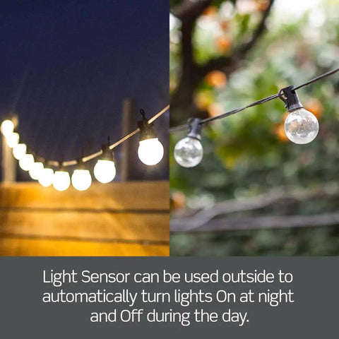 Heavy Duty Smart WiFi Outdoor Plug With Hella Weather Resistant Shell For Holiday Lights Yard Decor And Garden Pumps Matter Enabled Voice Control Switch In Matte Black, showcasing string lights with a light sensor feature.