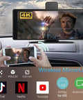 All In One Wireless CarPlay Screen For Cars With 10.26 Inch 4K Front Dash Cam 360 Rotation showing wireless video streaming