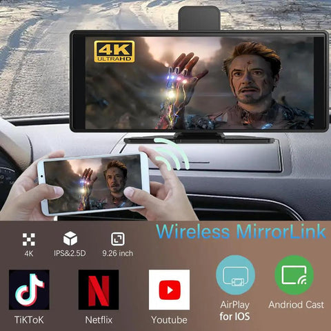 All In One Wireless CarPlay Screen For Cars With 10.26 Inch 4K Front Dash Cam 360 Rotation showing wireless video streaming