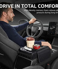 Driver using 5-In-1 Universal Car Center Console Cover With Cup Holder And Armrest Upgrade Cushion, PVC Leather Black