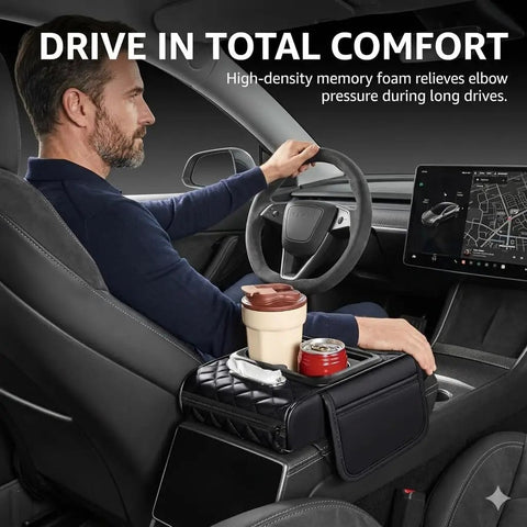 Driver using 5-In-1 Universal Car Center Console Cover With Cup Holder And Armrest Upgrade Cushion, PVC Leather Black