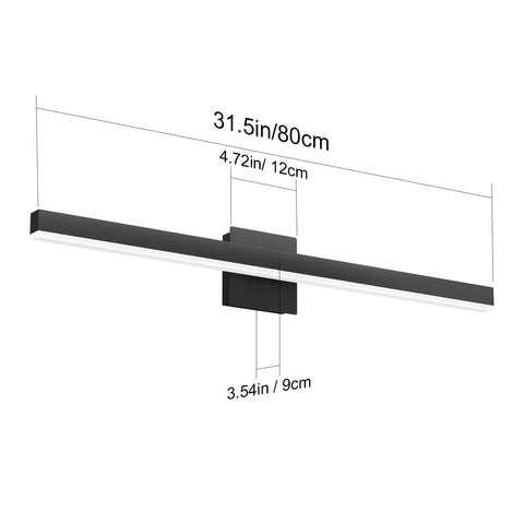 Diagram of 31.5 Inch Black LED Vanity Light 26W Modern Wall Mount For Bathroom, measurements shown, rectangular design.