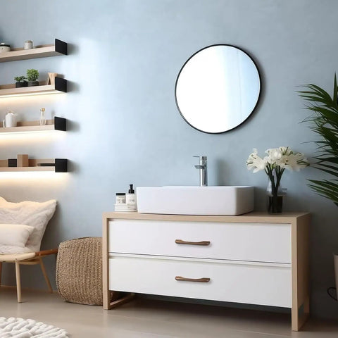 Bathroom with Six Piece Walnut Wood Drawer Pulls Ergonomic Cupboard Handles For Kitchen Cabinets And Dressers Minimalist Solid Wood Hardware.