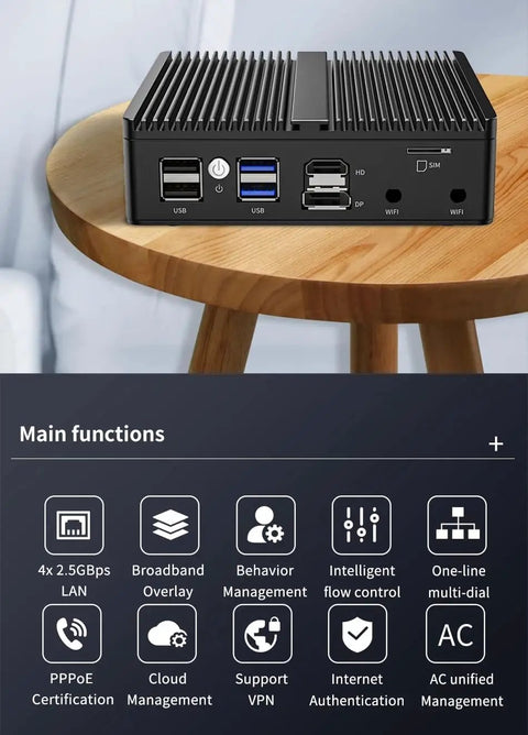 Silent Fanless Mini Pc Featuring Intel J6412 Processor with ports, SIM slot, and sleek design on a wooden table.