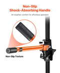 Side view of orange ratcheting farm jack with black non-slip textured handle mounted to a vertical rail