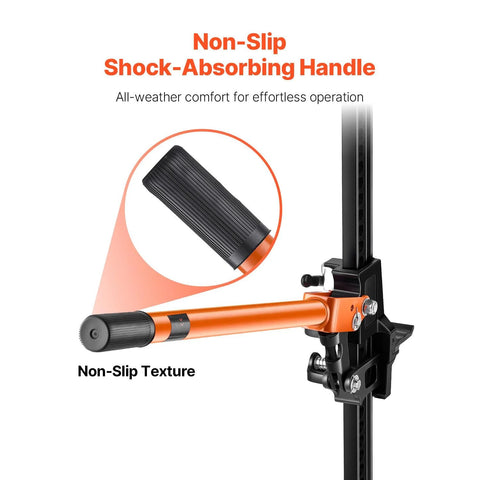 Side view of orange ratcheting farm jack with black non-slip textured handle mounted to a vertical rail