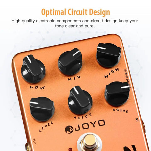Close-up of American Tube Amp Simulator And Preamp Guitar Pedal with Built In Cab Sim, showing 6-knob tone control.