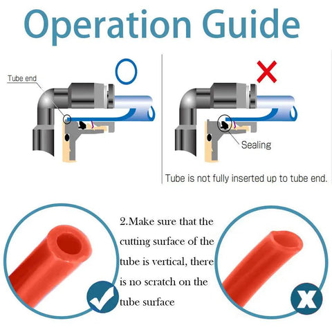 Diagram showing correct and incorrect tube insertion for Push To Connect 1/4 Inch Tube 3 Way Tee Pneumatic Fittings Nickel Plated Copper