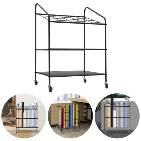 Heavy Duty Three Tier Mobile Paper Rolls Organizer With Slick Metal Frame And Twenty Roomy Slots in black showcasing paper tubes.