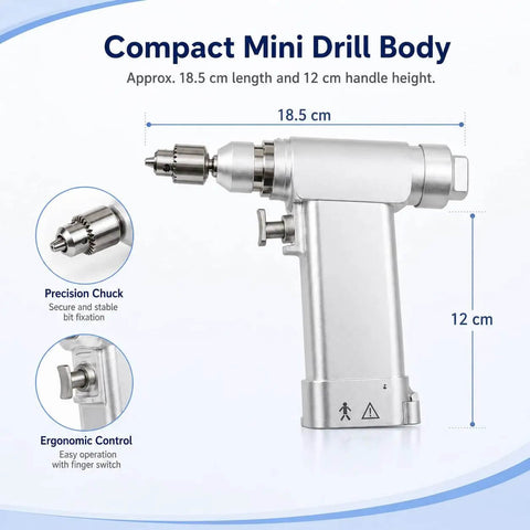 Professional Veterinary Mini Electric Bone Drill With Dual Batteries Adjustable Chuck And Sterilization Case For Sharp Small Animal Surgery Kicking Out 800 To 1200 Rpm Slick Operation, compact mini drill body 18.5 cm length.