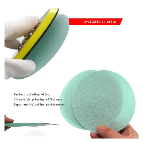 Rock Solid 30 Pc Set Of 5 Inch Hook And Loop Sanding Discs With Green Abrasive Film For Orbital Sanders showing discs and backing