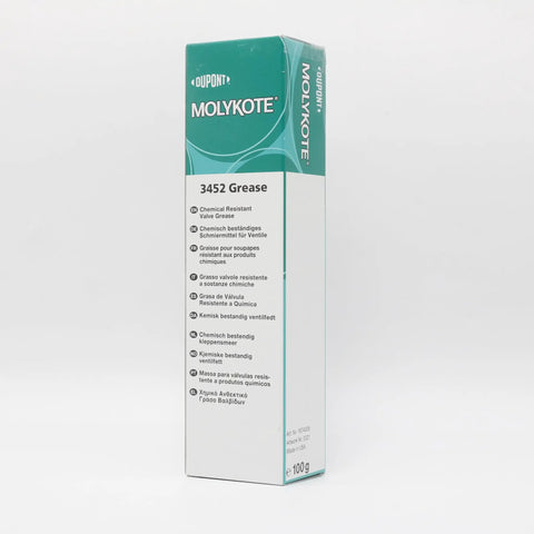 Heavy Duty White Valve Lubricant Grease 3452, 100g Tube, packaging with chemical resistant fluorosilicone PTFE details