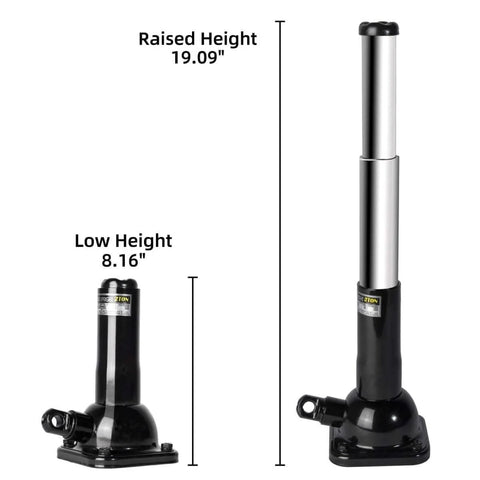 Beefy 2 Ton Bottle Jack With Built In Jack Stand All In One Lift System 4000 Lb Capacity shown at 8.16 to 19.09 inches height