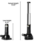 Heavy Duty Mechanical Screw Truck Jack Oil Free Build Featuring Precision Steel Gears 2 Ton 4000 Lb Capacity dimensions showing raised and low heights.