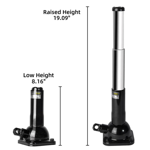 Heavy Duty Mechanical Screw Truck Jack Oil Free Build Featuring Precision Steel Gears 2 Ton 4000 Lb Capacity dimensions showing raised and low heights.