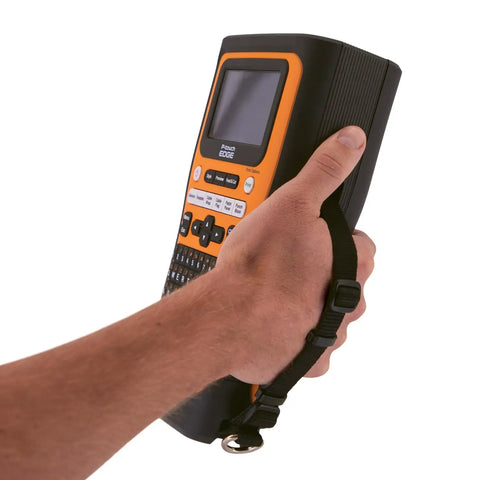 Heavy Duty Industrial Label Printer Hooks Up Smooth Via Bluetooth Features Dual Auto Cutters held in hand for easy use.