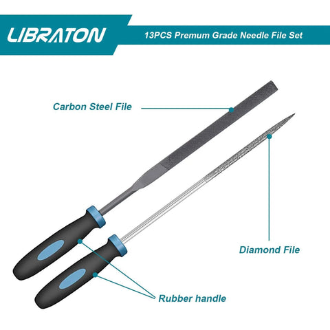 LIBRATON needle file set: two files - carbon steel and diamond - with rubberized handles.