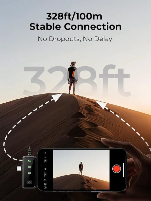 Wireless Lavalier Microphone for iPhone with 40dB Noise Cancellation, 328ft range stable connection, outdoor recording