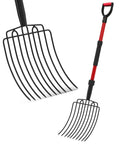 Two COSITA garden pitch forks with 10-tine black heads and red fiberglass handles, 44 inches long