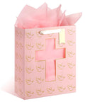 Pink Gift Bag With Cross Window Design And Tissue Paper 10 By 5 By 13 Inches Ideal Baptism Gift Bag For Girls First Communion And Confirmation Gifts Christening And Religious Event Supplies