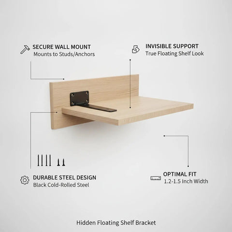 Invisible Shelf Brackets For Floating Shelves In Black Steel Hidden Support System No Visible Hardware For 1.2 To 1.5 Inch Wide Shelves