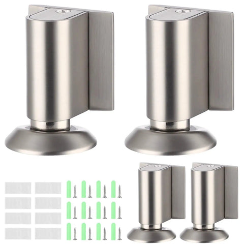 Heavy Duty Brushed Nickel Door Stopper Set For Home And Office Holds Firmly Without Drilling Screws Or Stickers Included with mounting accessories.
