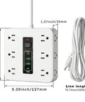 Absolute Game Changer 16 In 1 Smart Power Strip With Twelve AC Outlets Dual USB C Dual USB A Ports Auto Shutoff Heavy Duty Surge Protection Wall Mountable Zero Hassle Desk Setup showing dimensions and ports.