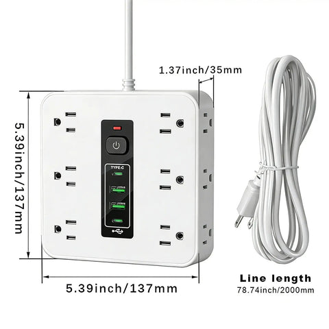 Absolute Game Changer 16 In 1 Smart Power Strip With Twelve AC Outlets Dual USB C Dual USB A Ports Auto Shutoff Heavy Duty Surge Protection Wall Mountable Zero Hassle Desk Setup showing dimensions and ports.