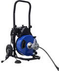 Heavy Duty Electric Drain Auger With 60 Foot Cable And Half Inch Pipe Snake on a black wheeled frame with a blue drum and cable.