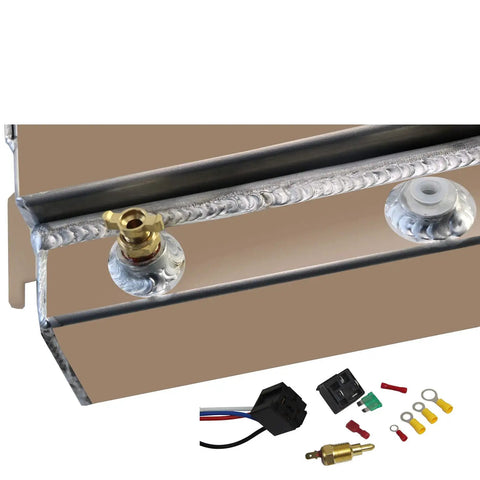 Close-up of TIG welded AA5052 aluminum radiator corner with relay kit, part of All Aluminum 3 Row Radiator Upgrade for Classic Dodge D W 100 150 200 250 Vans and Plymouth Trailduster with Shroud Fan Relay Kit TIG Welded AA5052 Aluminum Beefed Up Cooling by 35 to 45 Percent for Peak Performance.