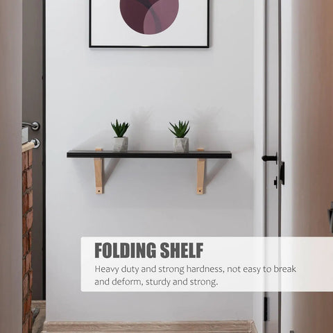 Heavy Duty Folding Wall Shelf Brackets Two Pack Black Iron Ultra Sturdy Support installed under shelf