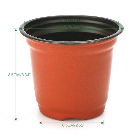 Single 4-inch pot from 100 Pack Red 4 Inch Plastic Plant Pots For Seed Starting And Seedlings Lightweight Reusable Nursery Pots With Drainage Holes Durable Garden Containers For Flowers, Herbs And Veggies