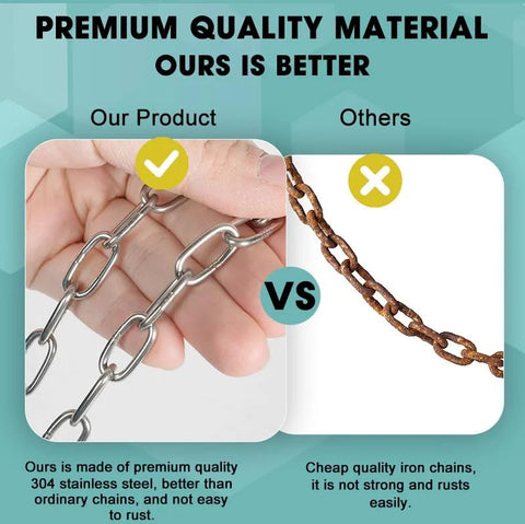 Comparison of SUS304 stainless steel hanging chain and rusted iron chain highlighting corrosion resistance for outdoor use