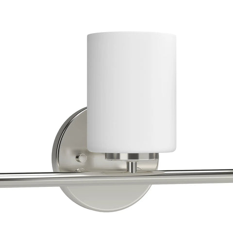 Three Light Etched White Glass Modern Bath Vanity Light With Brushed Nickel Finish for coastal luxury bathrooms, soft inside glow