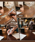 Knock Out Those Dang Scratches With This Legit Furniture Repair Set showing before and after wood scratch repairs on a bar table.