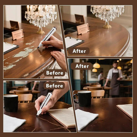 Knock Out Those Dang Scratches With This Legit Furniture Repair Set showing before and after wood scratch repairs on a bar table.