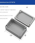 IP66 waterproof junction box in cast aluminum with open lid showing dimensions of 125x80x60mm for outdoor electronics protection.
