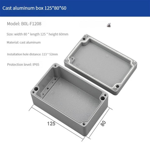 IP66 waterproof junction box in cast aluminum with open lid showing dimensions of 125x80x60mm for outdoor electronics protection.