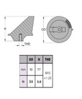 Technical drawing of Trim Tab Anode for Mercury Marine Outboard Engines 40 To 140 HP Replacement Zinc Alloy, dimensions illustrated.