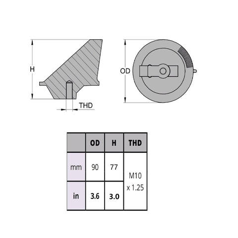Technical drawing of Trim Tab Anode for Mercury Marine Outboard Engines 40 To 140 HP Replacement Zinc Alloy, dimensions illustrated.