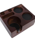 This Dead Easy Acacia Wood Coffee Tamper Station Keeps Your Espresso Gear Tidy And Quick To Grab Featuring Grippy Rubber Pads for an organized countertop.