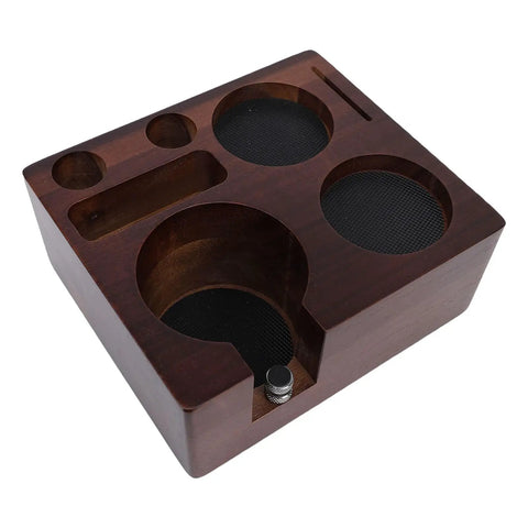 This Dead Easy Acacia Wood Coffee Tamper Station Keeps Your Espresso Gear Tidy And Quick To Grab Featuring Grippy Rubber Pads for an organized countertop.
